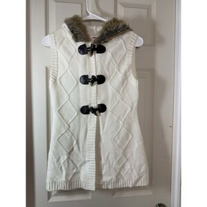 Bongo Cable Knit Toggle Sweater Vest Faux Fur Hood Long Cardigan Cream Womens M